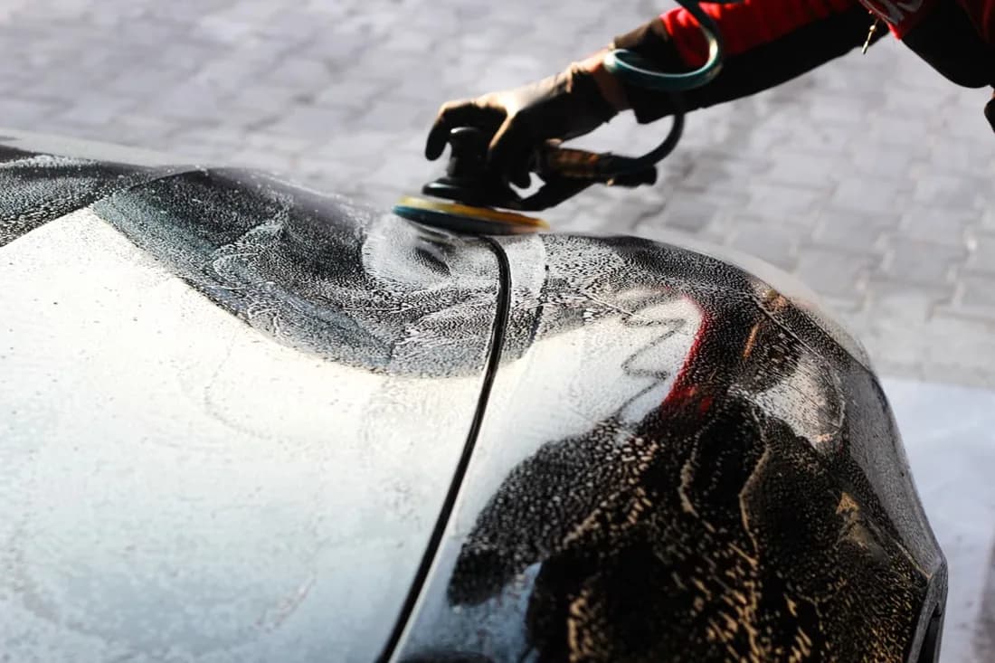 Machine paint correction on a car panel